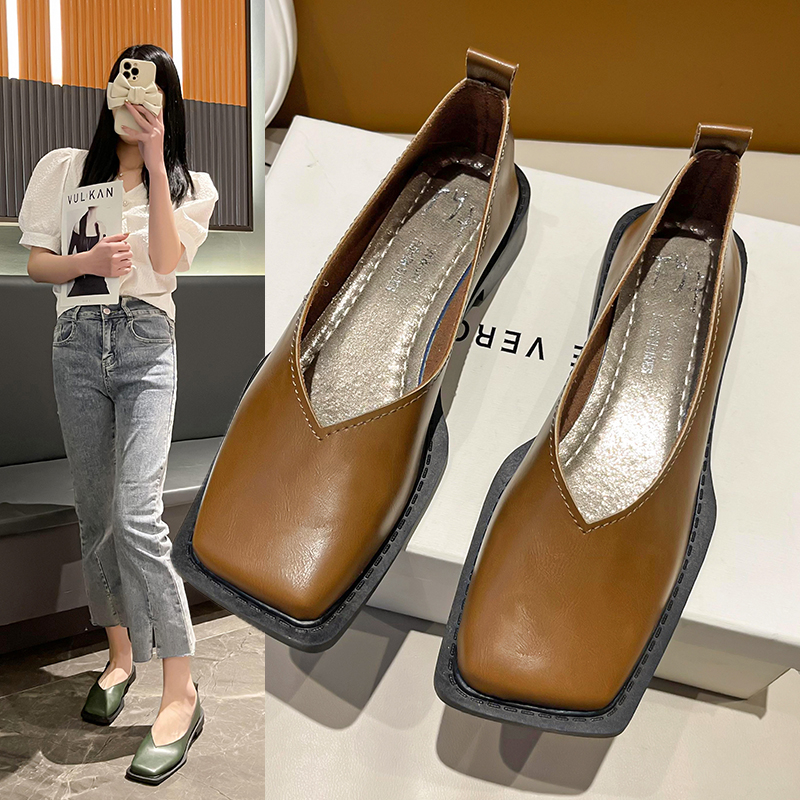 2023 Scarpe basse da donna Scarpe singole con punta quadrata Scarpe in pelle dal temperamento semplice Tacchi a punta tonda primaverili: Kaki scuro / 36