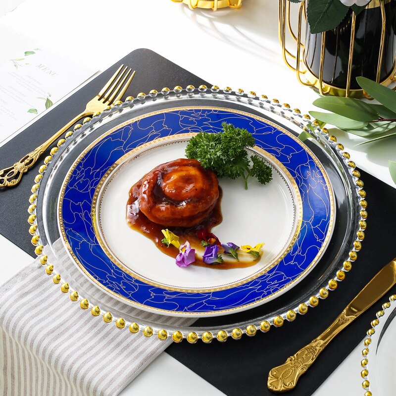 Nordic Blue Dinner Plate Set Bead Glass Charger Plate for Dinner Fancy Serving Plate for Wedding 10 inch beautiful Crockery