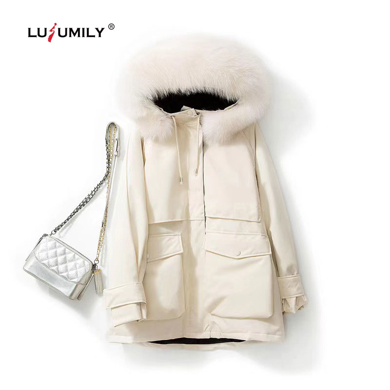 Lusumily Nieuwkomers Extra Grote Fur Hooded Winter Wit Donsjack Vrouwen-20 Graden Thicken Parka Warm Sash Tie up Sneeuw Jas