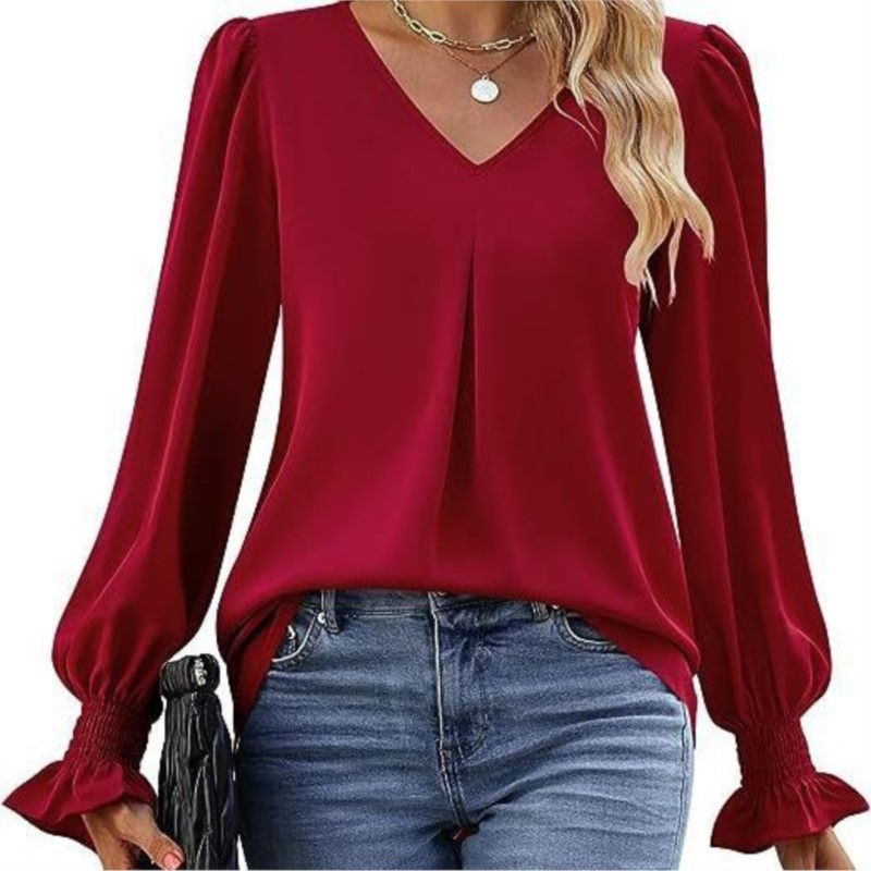Solid Color Women's Shirt Autumn Item Solid Color Chiffon Shirt V-neck Pullover Trumpet Long Sleeved Top Blouse
