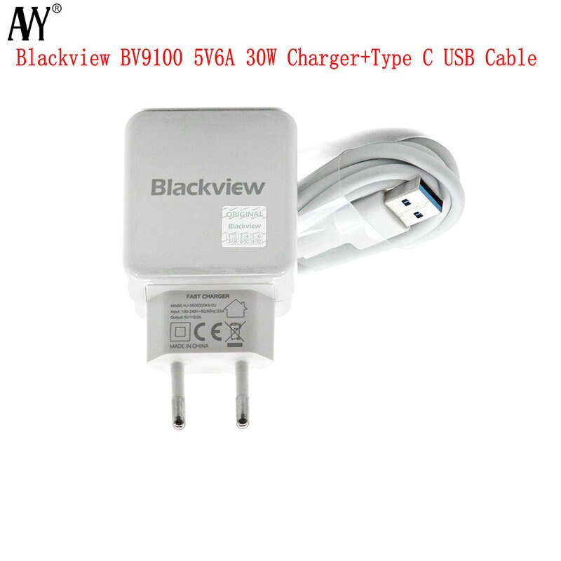 Avy para original blackview bv9100 p10000 pro plugue da ue carregador de viagem 5v6a 30w carregador rápido conector bv9000 tipo c cabo usb