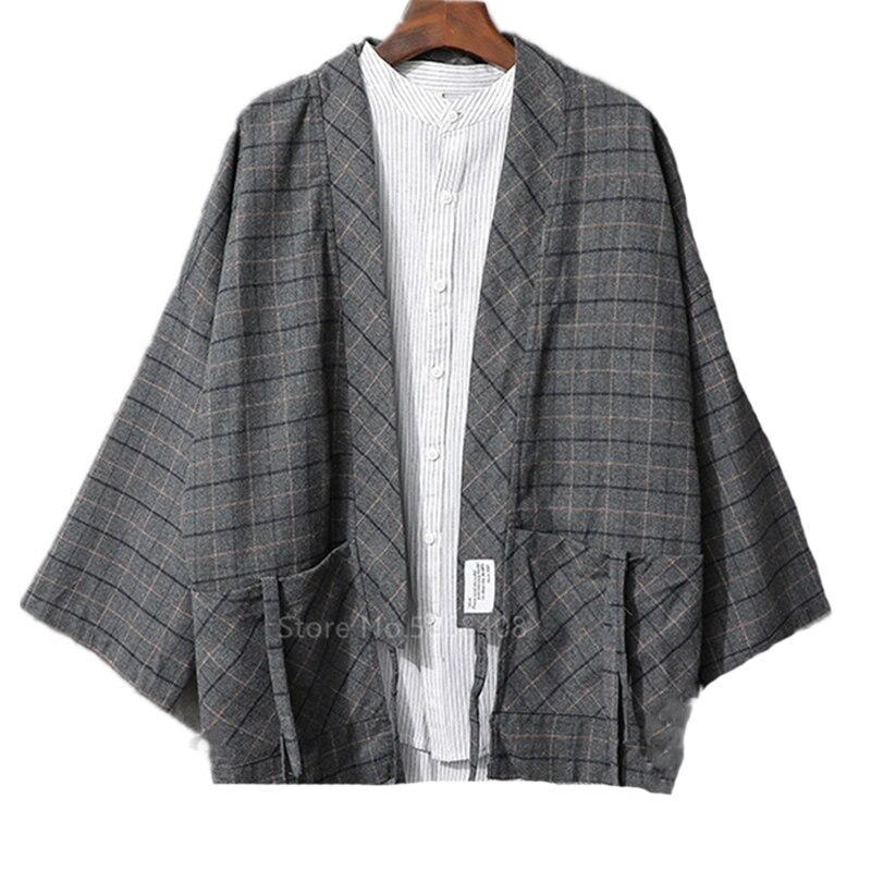 Style japonais Haori hommes samouraï Costume Harajuku Kimono Cardigan Plaid Yukata manteau pansement fête femmes Streetwear fête: Gray / L