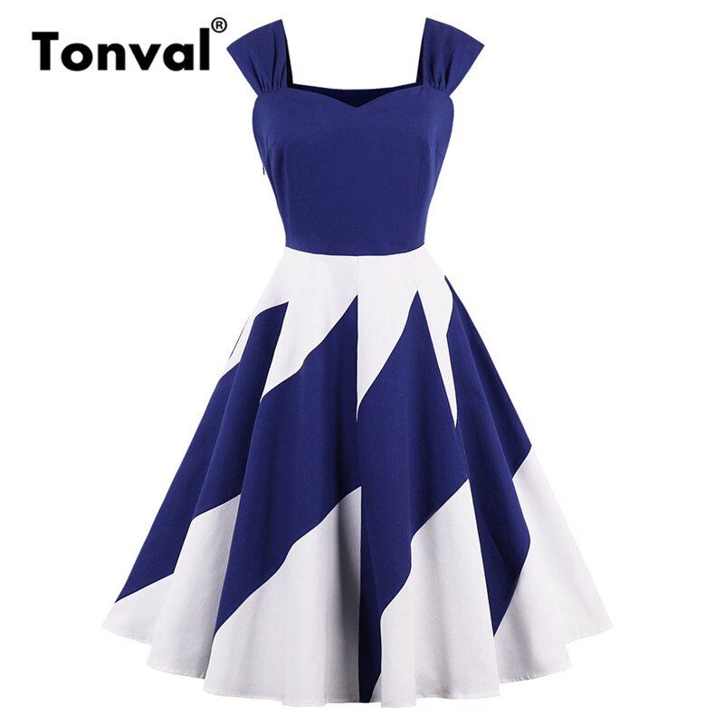 Tonval blå och vit kontrast vintage klänning fest kvinnor färgblock retro klänningar rygglösa 50s rockabilly klänning: M