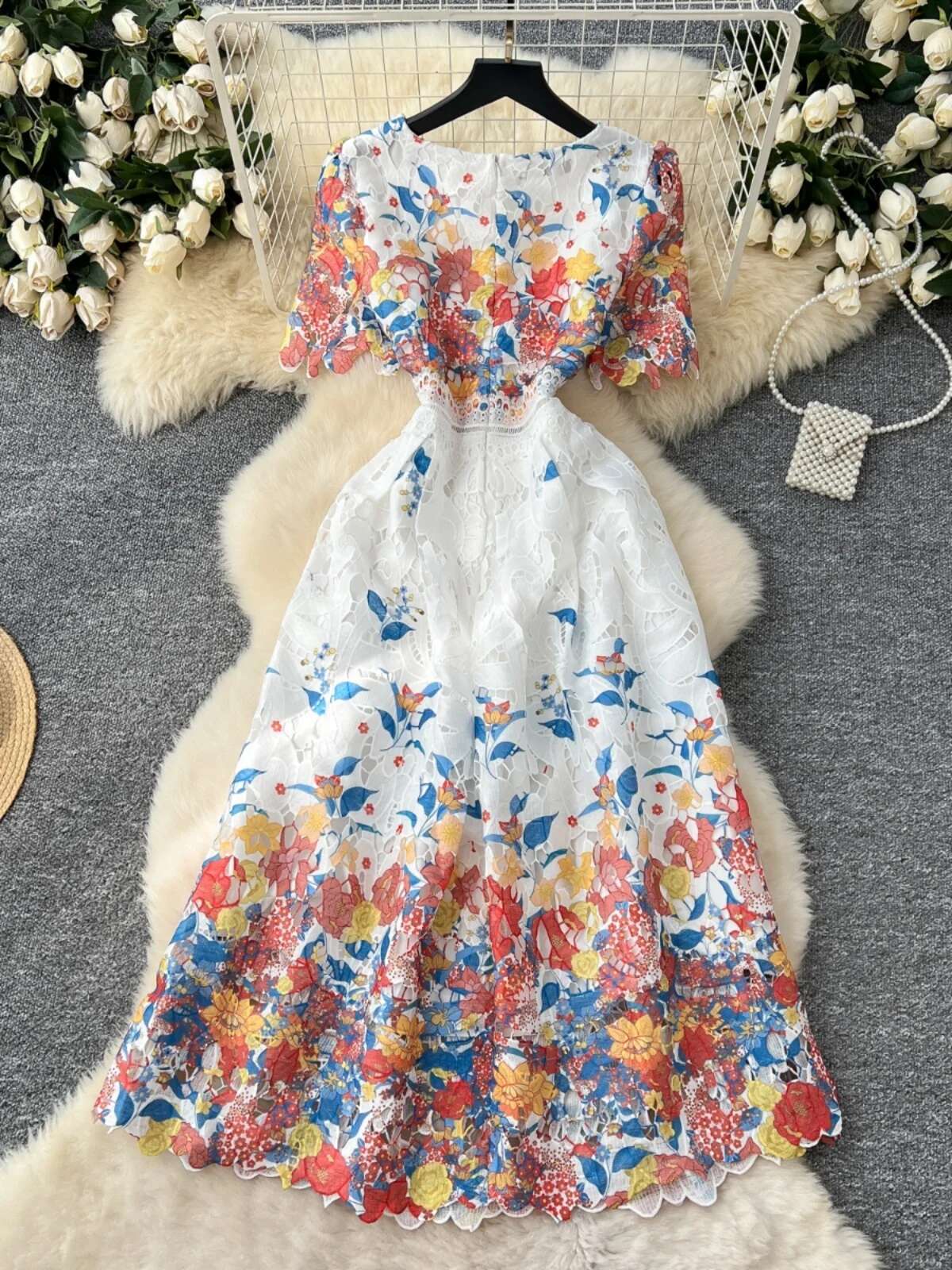Blomsterbroderi udhulet blonde aftenkjoler kvinder sommer korte ærmer prinsesse retro midi lang festkjole gradient