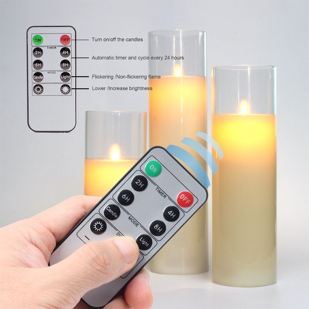 Glass Flameless Candles Set 8" 10" 12" Battery Operated Real Wax Pillars Glass LED Candles With Remote Control Cycling Timer