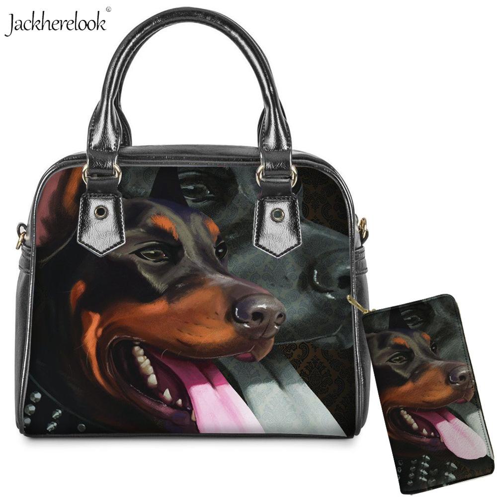 Jackherelook torba na ramię ze skóry pu dla pani 2 sztuk/zestaw Rottweiler pies Pet torba czarny nadruk zwierzęta torebki i portfel: HX640DL-Z21