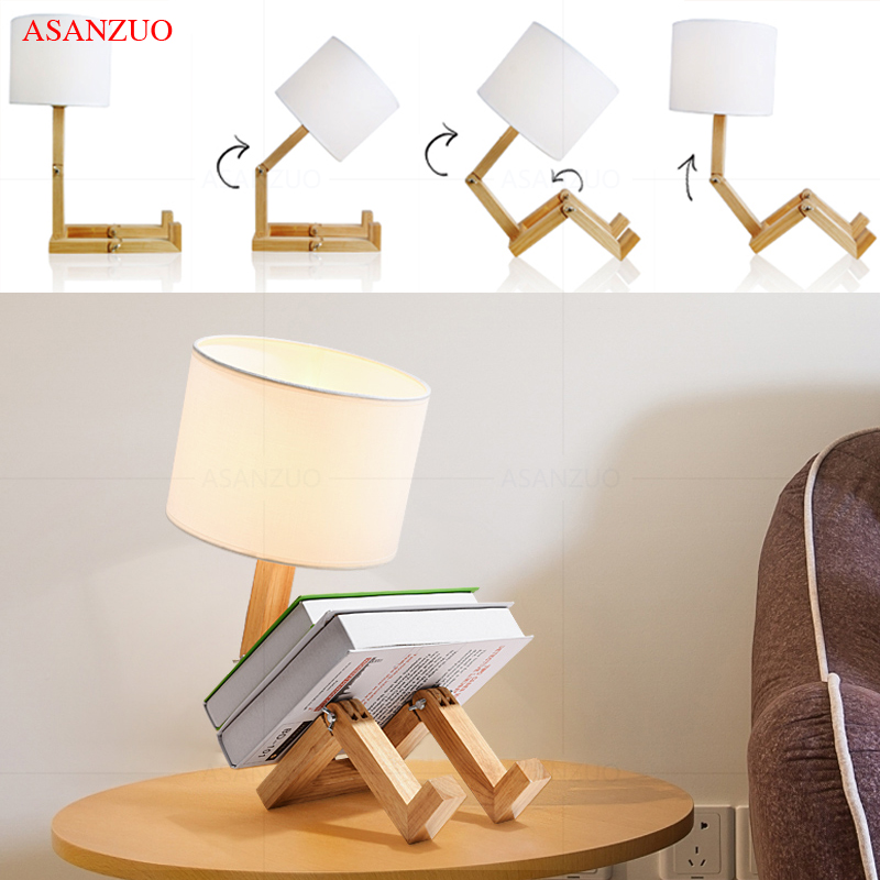 Nordic Art Houten Robot Vormige Tafellamp Moderne Woonkamer Slaapkamer Bedlampje Studie Decor Led Bureaulamp E14
