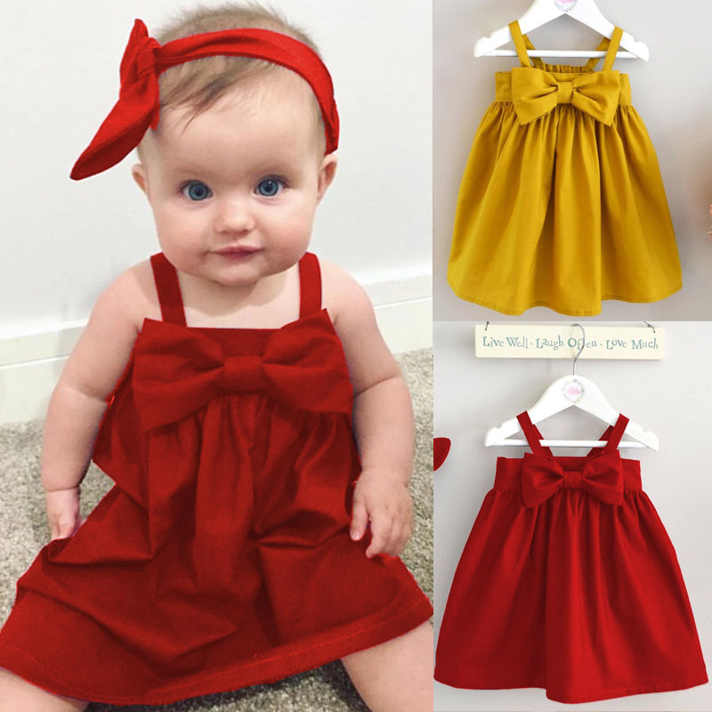 Søde babypiger sommer sundress bowknot kort mini vest kjole toddler børn bomuld afslappet kjoler ærmeløs tøj rød & gul