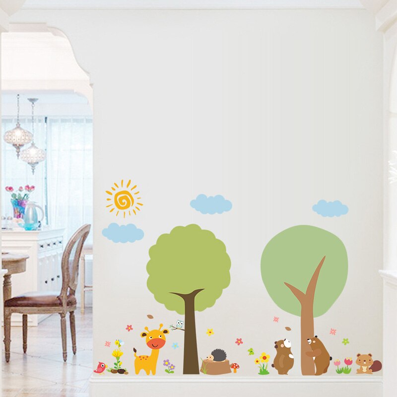 Tegneserie zoo træ dyr wallsticker til børneværelse boligindretning stue baggrund mærkater dekorationer børnehave klistermærker