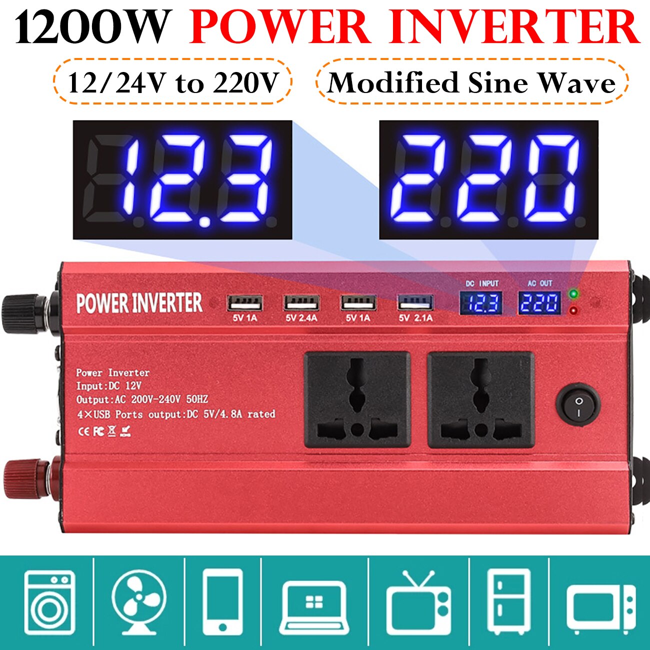 1200W 12/24V To 220V Solar Power Inverter Intelligent LCD Dual Digital Display 4USB Interface Modified Sine Wave Power Inverter