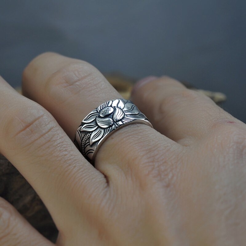 Balmora real 999 puro prata retro flor de lótus aberto empilhamento dedo anel para homens budismo sutra moda jóias