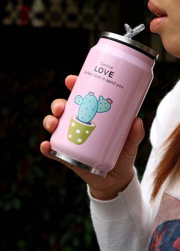 Termo de acero inoxidable con pajita para bebidas, botella de agua térmica portátil Unisex, para estudiantes, 350ml
