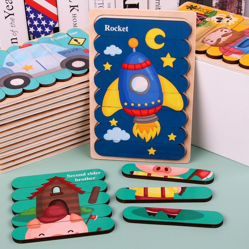 Bambini Cervello Giocattolo Di Legno A doppia faccia 3D Di Puzzle Creativo Striscia Puzzle Di Raccontare Storie Impilabile Puzzle Montessori Giocattolo per I Bambini