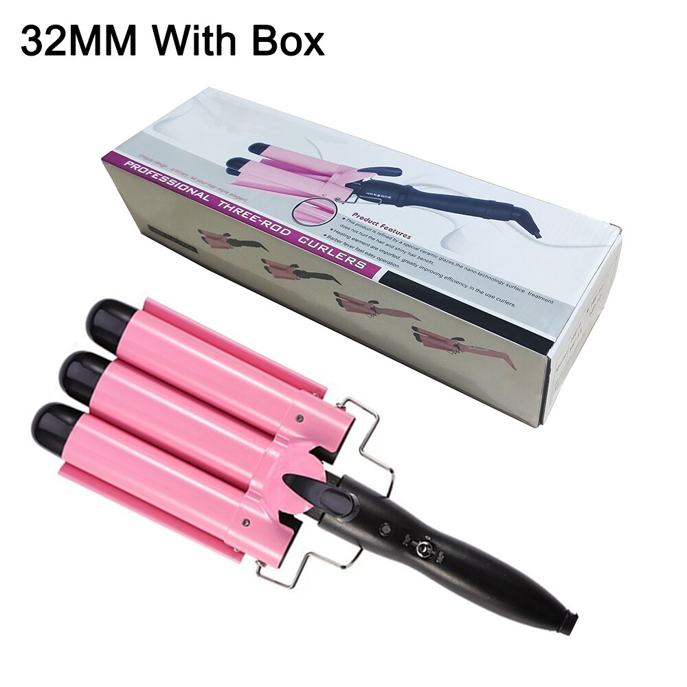 Three Barrel Curling Iron Wand Hair Waver Crimping Styling Tools Big Wave Hair Curling Tongs Ceramic Triple Barrels Hair Curler: pink with box 32mm / UK