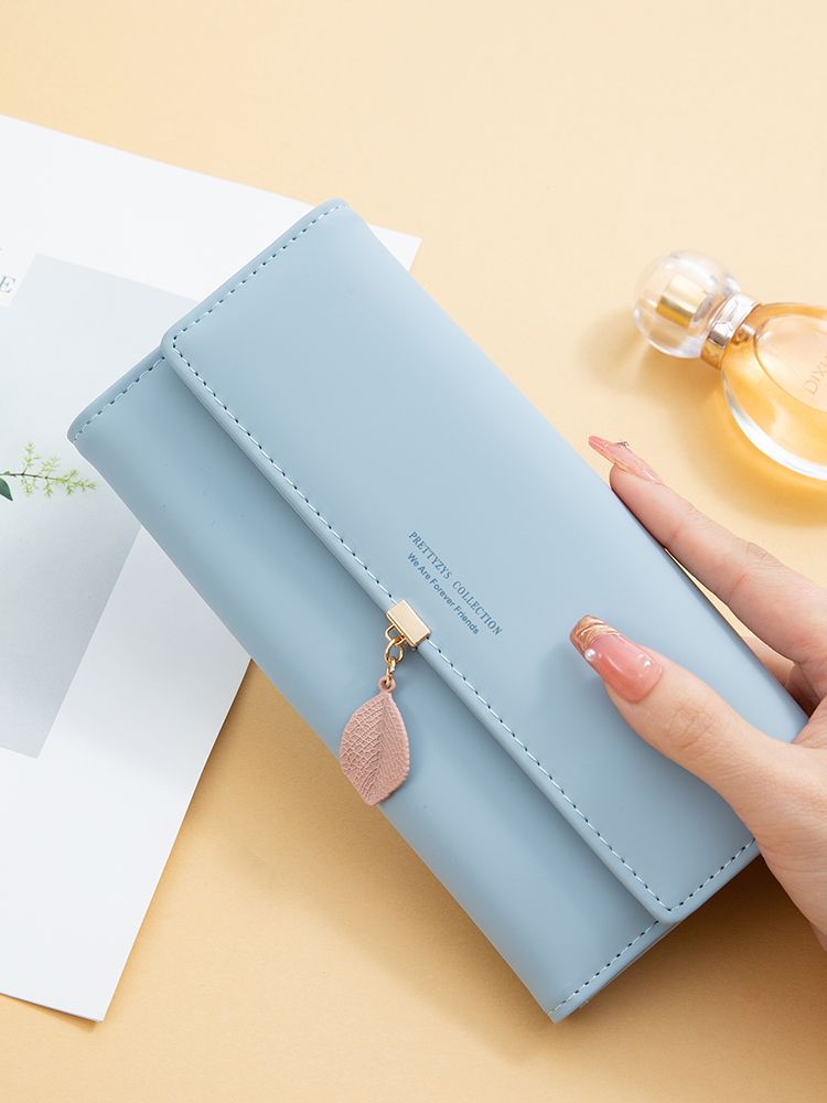 spring and summer women's PU leather Japanese and South Korea small fresh leaf pendant three fold bag large capa