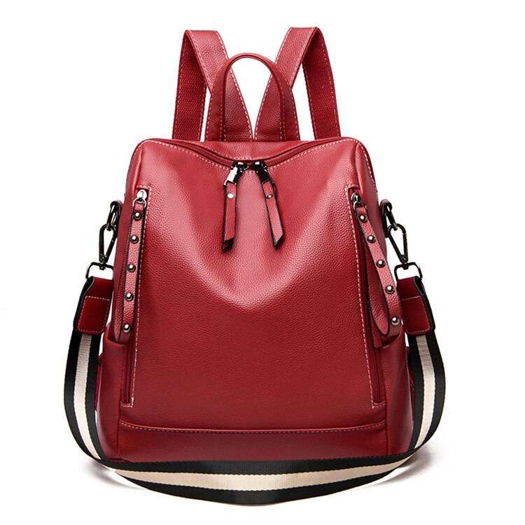 The women backpack soft leather backpack women shoulder bags high capacity school bag for lady travel backpacks: Red