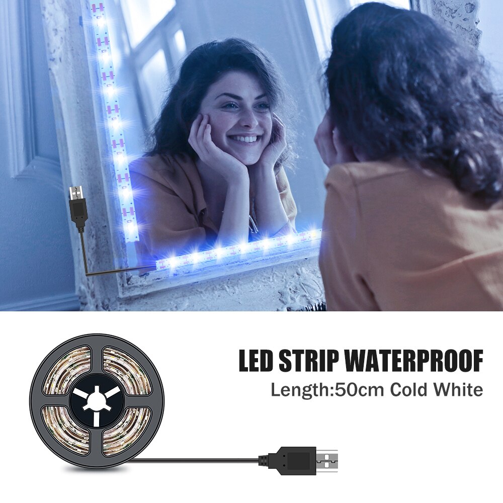 Luz LED para espejo de maquillaje, luces de tocador Hollywood impermeables de 5V, 1M, 2M, 3M, 4M, 5M, para decoración de baño: 50CM Cold White