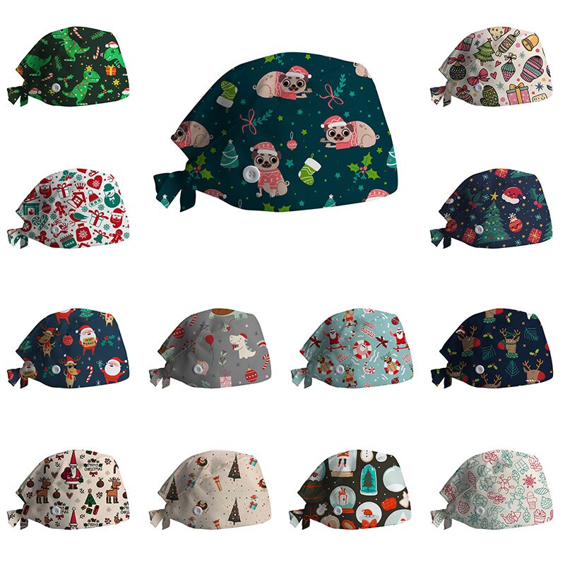 Kerstprint chirurgische muts voor dames heren verpleegstersmuts met knoop zweetabsorberende handdoek doktersmuts scrub muts gesp baotou muts