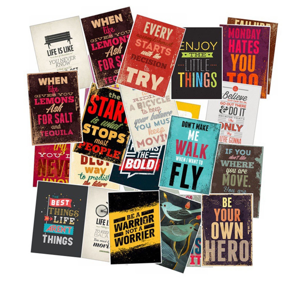 25pcs/Pack Motivational Typography Life Quotes Retro Stickers For Laptop Notebook Diary Decal Laptop Bedroom Wall Stickers Toys