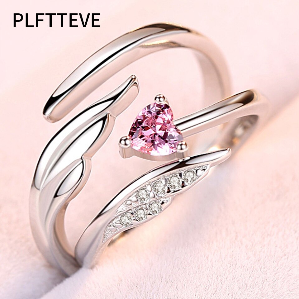 Zirkoon Hart Wings Paar Ringen Voor Liefhebbers Vrouwen Mannen Zilveren Open Verstelbare Man Vrouw Engagement Wedding Ring Mode-sieraden