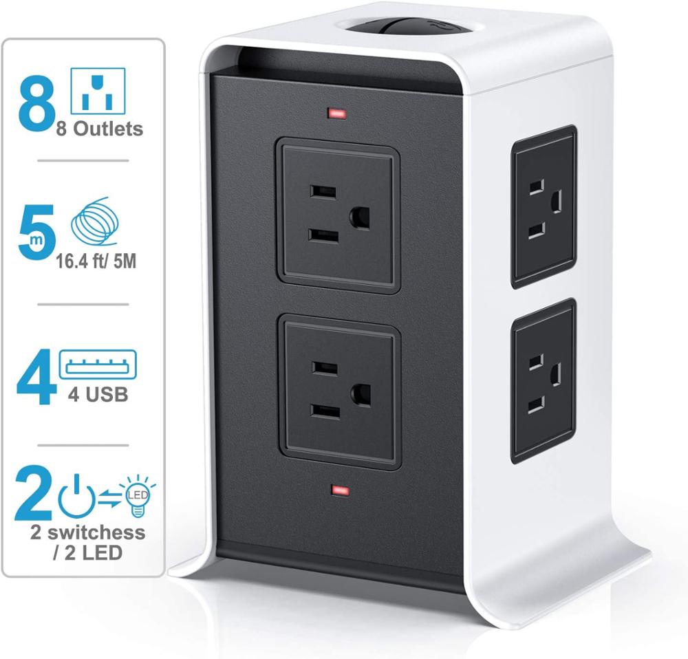 Power Strip Surge Protector with USB Outlet Socket Surge Protector Tower 8 Outlet 4 USB Ports US Plug 16.4FT/5M Extension Cord