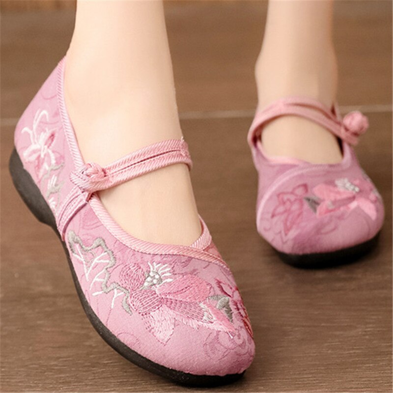 THEAGRANT Style ethnique chaussures femme printemps automne chaussures décontractées Mary Janes doux brodé chinois chaussures plates traditionnelles WFS3076: Rose / 9