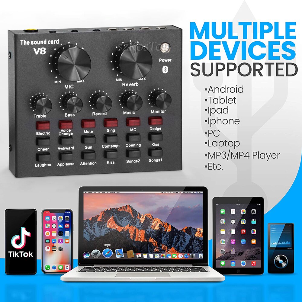 Recording Mixer V8 Sound Card With Bluetooth Audio Interface Mixing Console Studio Phantom Power For PC Microphone