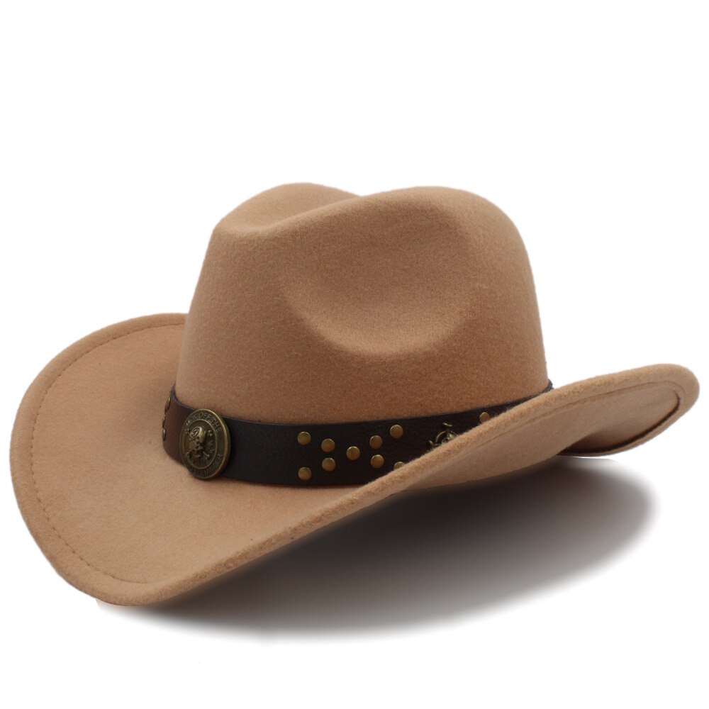 Klassisk kvinder uld chapeu western cowboy hat vinter efterår dame dronning jazz cowgirl sombrero hombre steampunk cap størrelse 56-58cm: Khaki