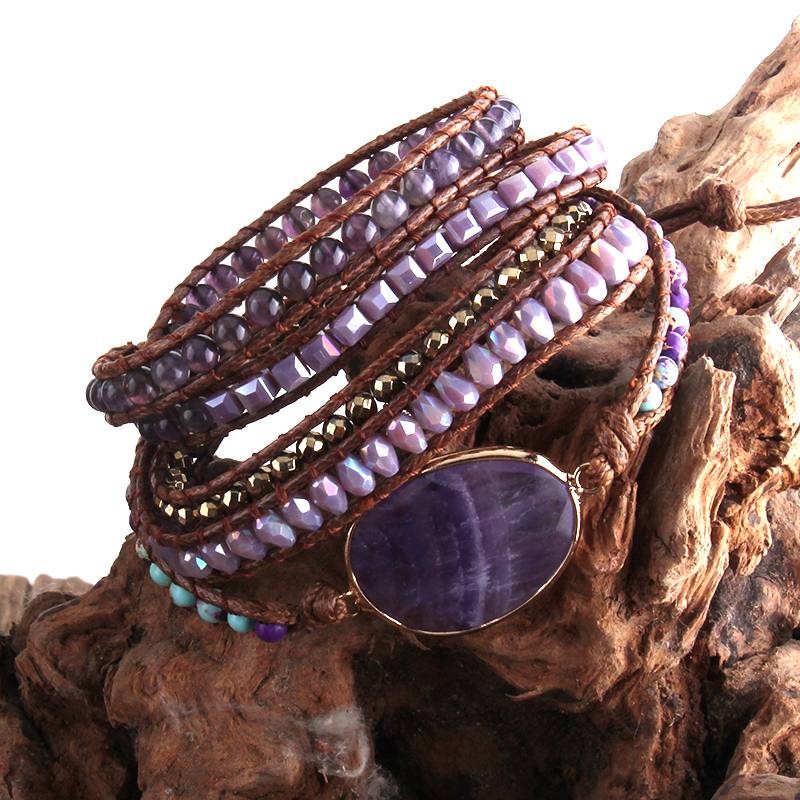 RH Leder Boho Armbander Grün Gemischt Natürliche Steine Charm 5 Stränge Perlen Wrap Armbänder: LILA