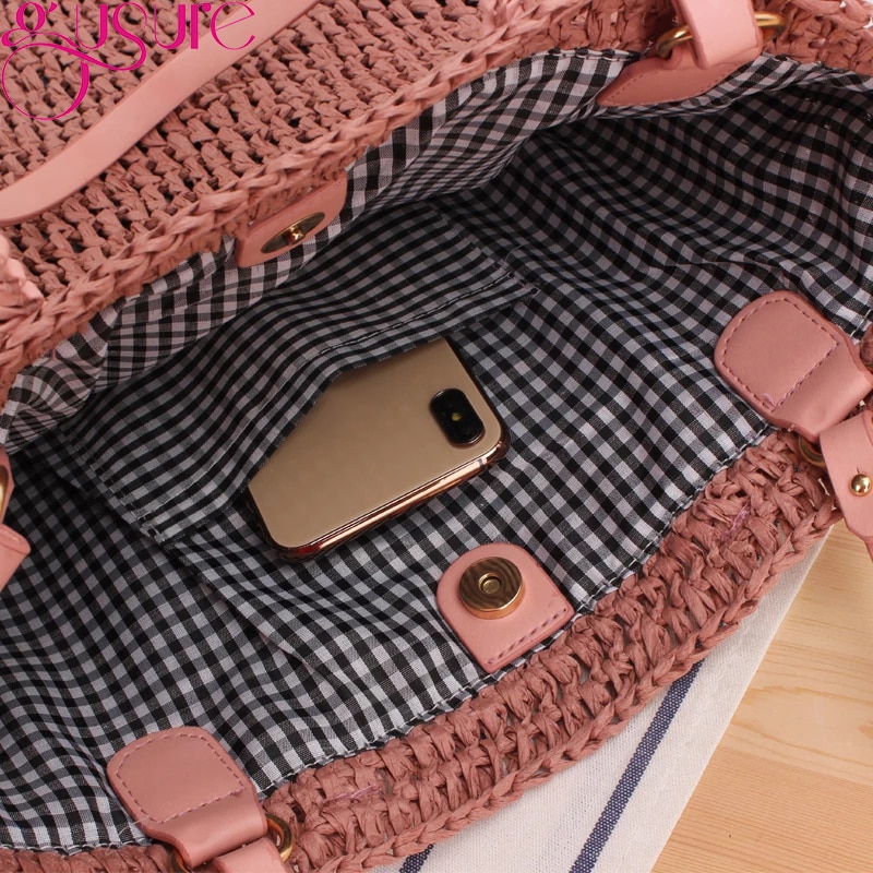 Gusure Mode Vrouwen Zomer Stro Tassen Grote Rieten Geweven Schouder Handtassen Vrouwelijke 2022 Strand Gevlochten Boodschappentassen