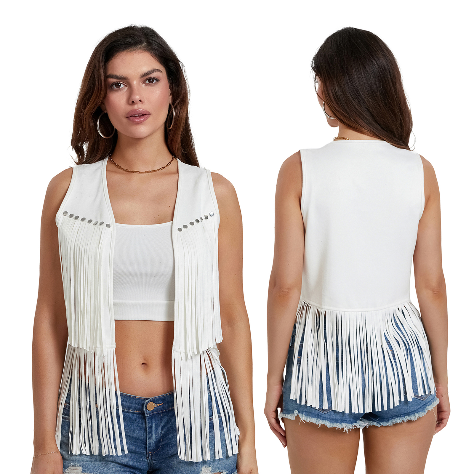 Women's Boho Hippie Waistcoat Vest Lightweight Solid Color Open Front Sleeveless Jacket with Tassel for Streetwear Outerwear: L / Beige