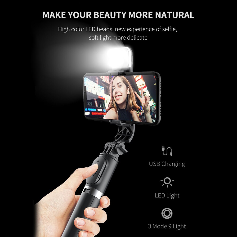 Q02S Bluetooth Selfie Stick Tripod with Dimmable Fill Light Portable Extendable Monopod + Remote Shutter Monopod Artifact Rod