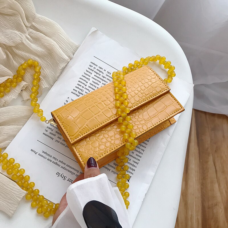Mini pierre rabat petit sac carré été en cuir PU femmes sac à main perlé épaule sac à bandoulière: Yellow large
