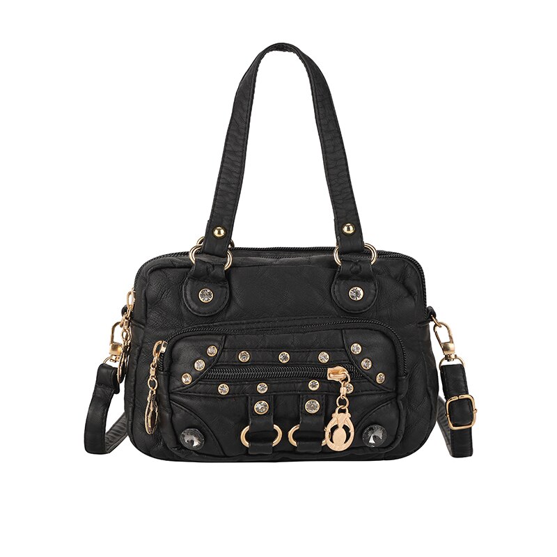 Pu Leather Multicolor Optional Shoulder Bag Ladies Crossbody Messenger Bag Ladies Rivet Soft Package Patch Multi-pocket: Black