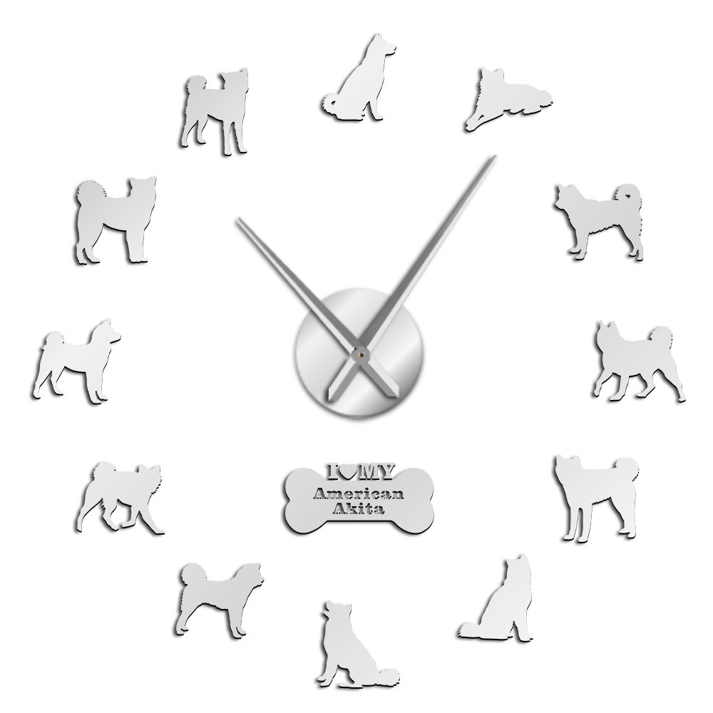 American Akita Dog Breed Wall Clock American Hakita Puppies Silhouette Wall Art Stickers Frameless DIY Large Clock Wall Watch: Silver / 37 Inch