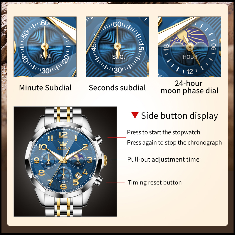 OLEVS 3676 Herenhorloge Quartz Horloge Multifunctionele Chronograaf Waterdicht Lichtgevende Maanfase Horloge Heren Originele Reloj
