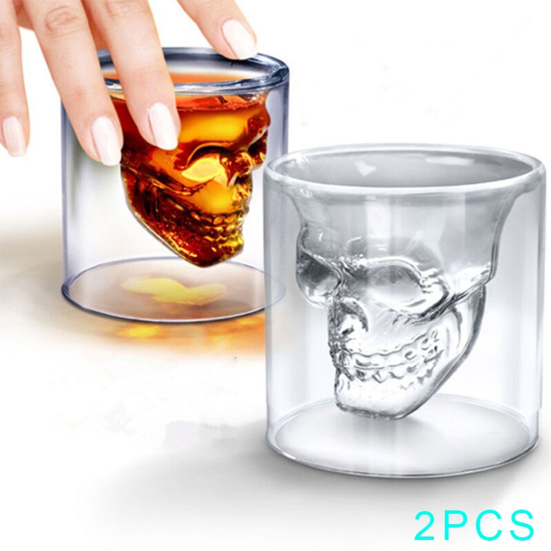 2Pcs 25Ml Dubbel Glas Schedel Cup Twee Manieren Shot Transparante Kristallen Schedel Head Cocktail Melk Champagne Whisky Wodka wijn Glas