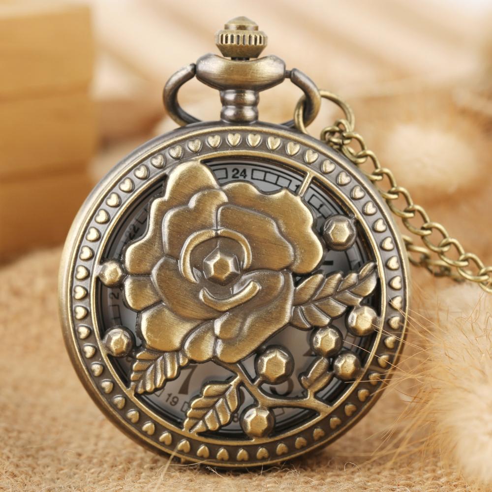 Reloj de bolsillo grabado Vintage de cuarzo rosa, exquisito collar hueco de flor completa, cadena, accesorio para mujer, reloj de bronce para mujer,: 4