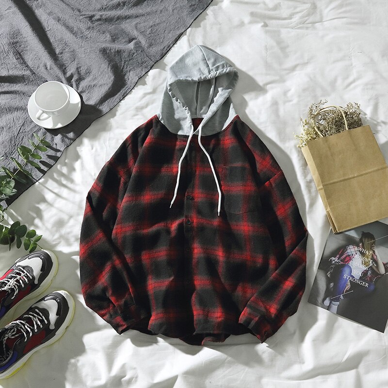 Skjorte herre tøj retro plus size herre skjorter lange ærmer plaid koreansk stil harajuku enkeltradet: Rød / Xxl