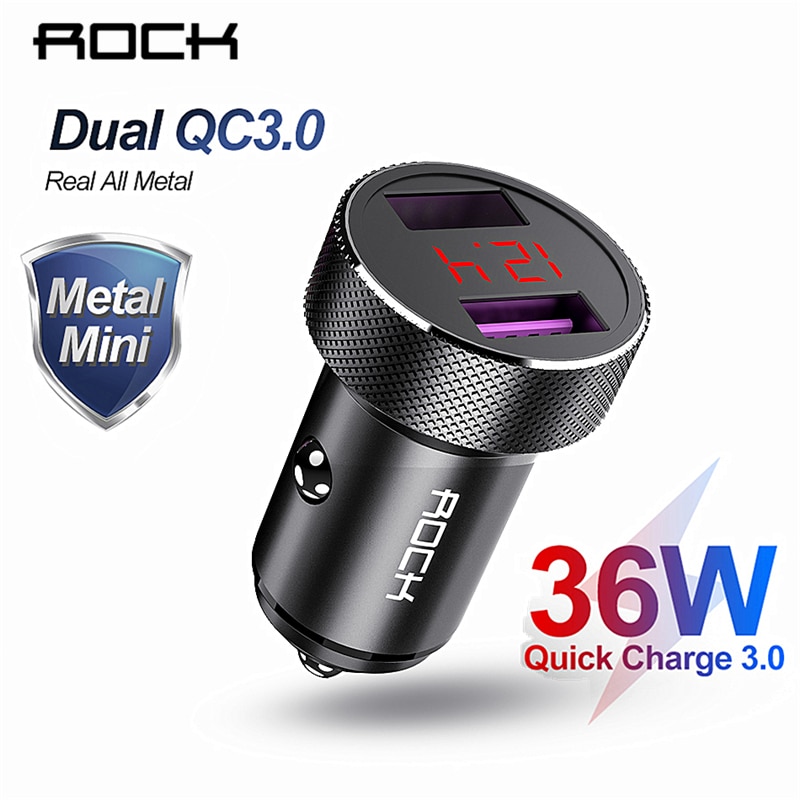 Rock 36W Metalen Dual Qc 3.0 Led Display Auto Telefoon Oplader Quick Charge 4.0 Usb Charger Voor Iphone Samsung xiaomi