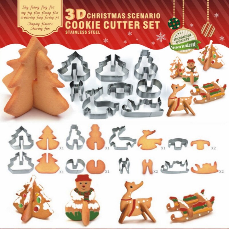 8Pcs 3D Kerst Cookie Cutter Rvs Biscuit Fondant Mould Xmas Tree Elanden Vorm Cake Decoratie Mould Gereedschap