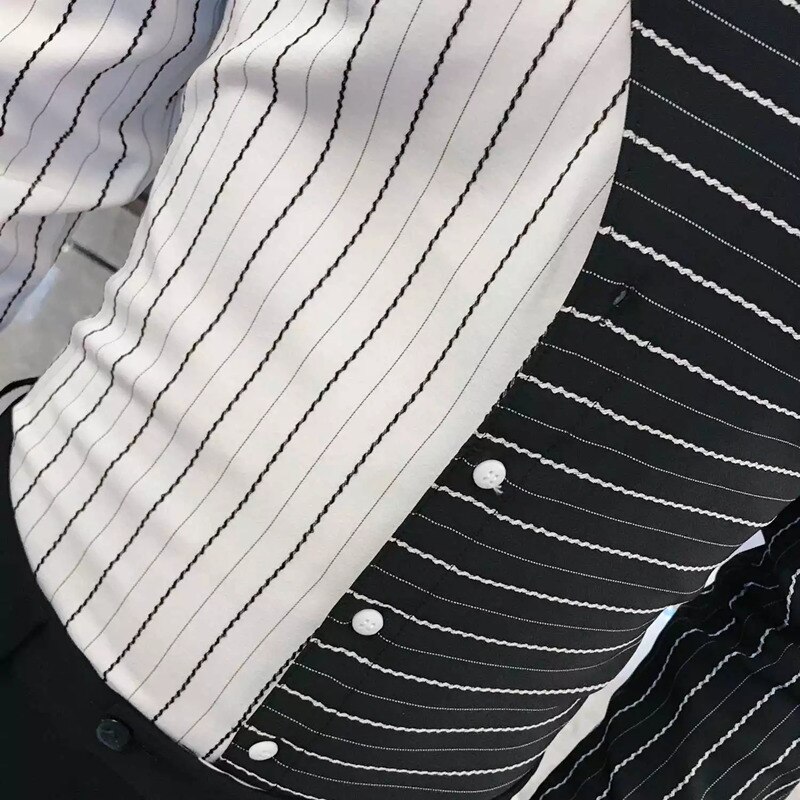 Randig skjorta herr långärmad slim fit svart vit kontrastfärg patchwork camisa hombre casual koreanska höstskjortor  v210