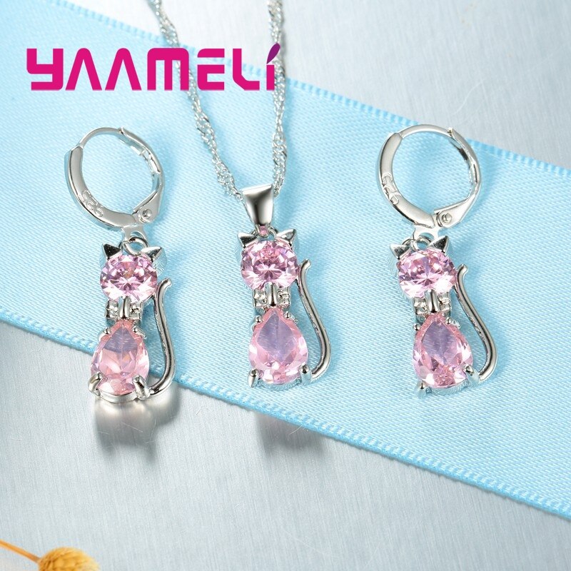 7 farver muligheder kat vedhæng halskæde øreringe sæt ægte 925 sterling sølv cz krystal smykker til kvinder piger