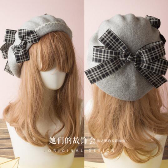 17 Kleuren Lolita Baretten Wol Blend Hoed Vrouwen Meisjes Boog Plaids Streep Sailor Stijl Preppy Chic Studenten Cap: O
