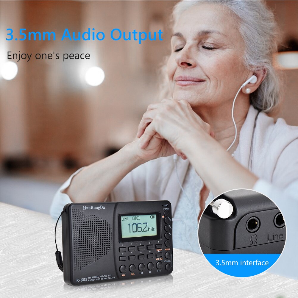 K603 Radio Am Fm Sw Pocket Radio Fm Draagbare Lcd-scherm Bluetooth-Compatibel Pocket Ondersteuning Tf-kaart Usb Recorder radiogram