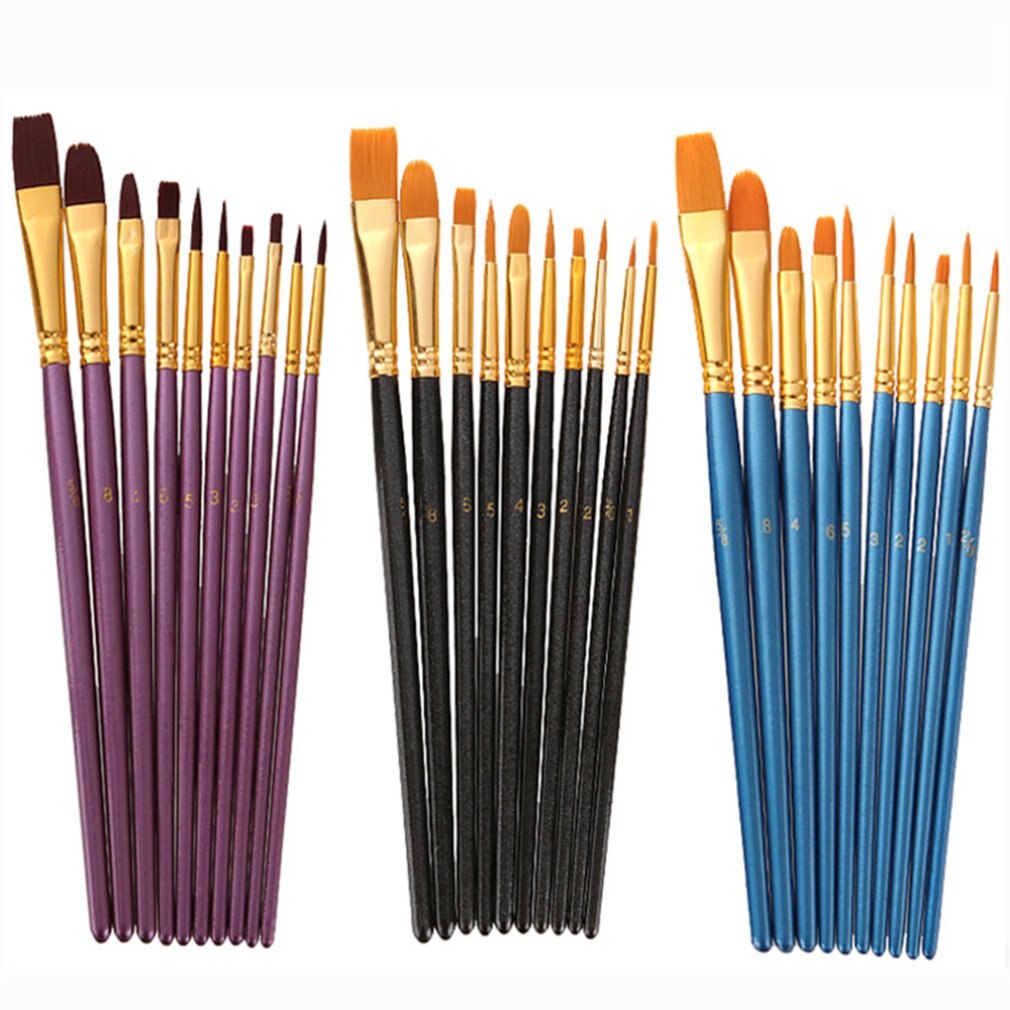 10 stk/sett kunstner pensel nylon hår tre svart håndtak akvarell akryl olje pensel maling kunst rekvisita