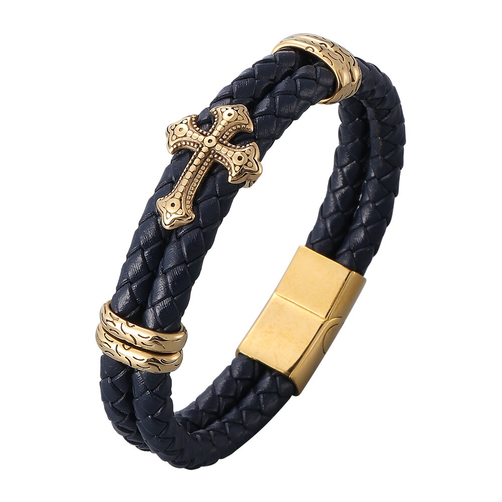 Luxury Cross Classic Stainless Steel Men Leather Bracelet Choose Handsome Men's Christmas BB1028: Wearing Length 165mm