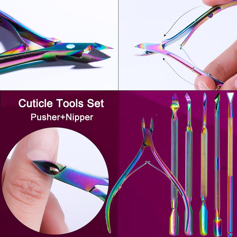 Dual-ended Chameleon Nail Cuticle Pusher Set Dead-skin Remover Cuticle Nipper Clipper Scissor Stainless Steel Manicure Tool