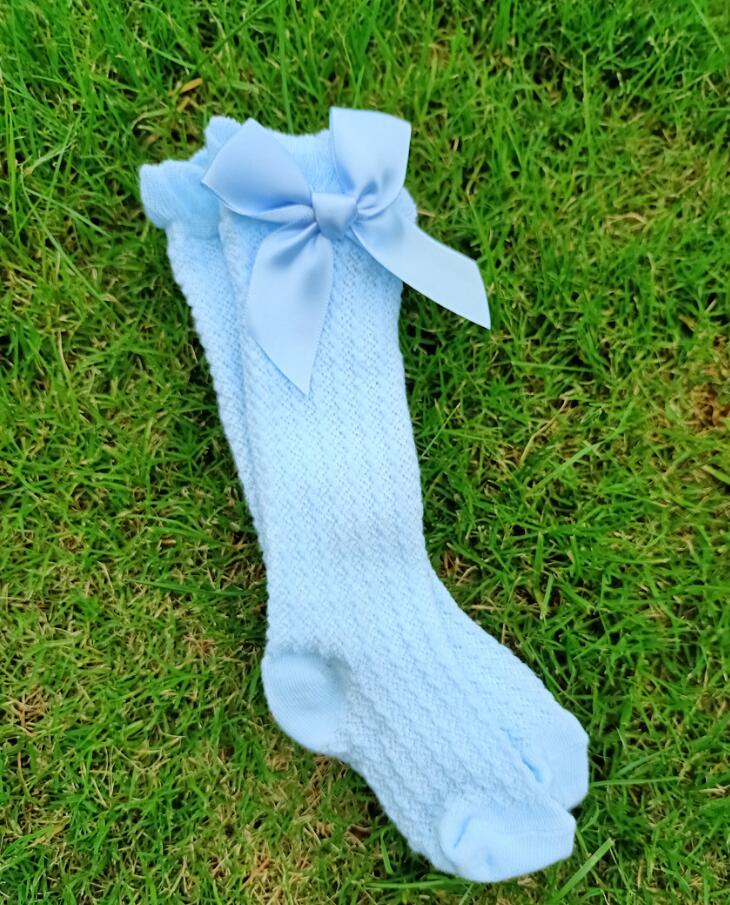 Chaussettes hautes pour filles de 0 à 3 ans, fines, avec gros nœud, style princesse, amples, mi-longues, été: Blue Bow Mesh Socks