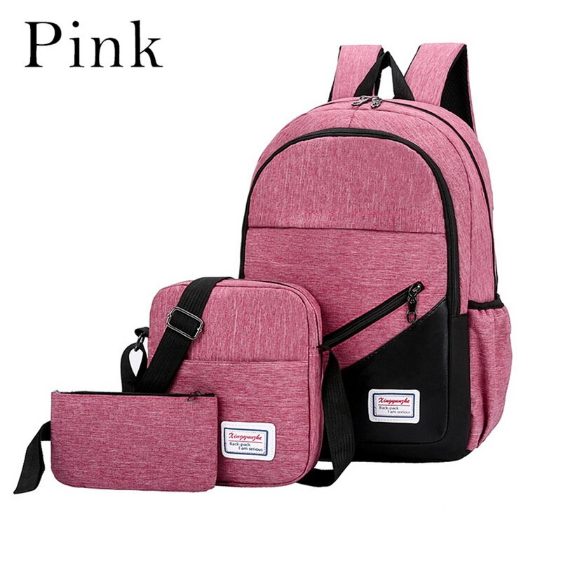 MoneRffi USB Lade Leinwand Rucksack 3 teile/satz Frauen Schule Rucksäcke Schulranzen Für Jugendliche Mann Student Buch Tasche Jungen Satchel: pink